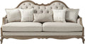 86" Brown And Beige Upholstered Solid Wood Sofa With Toss Pillows