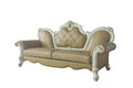 93" Golden Brown Faux Leather Sofa And Toss Pillows With Pearl Legs on a white background