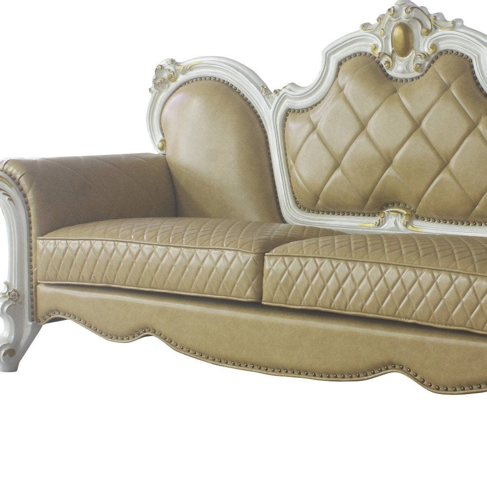93" Golden Brown Faux Leather Sofa And Toss Pillows With Pearl Legs on a white background