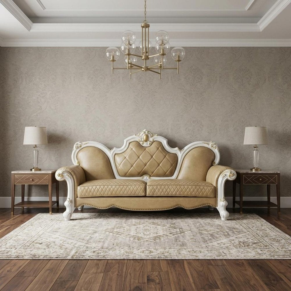 93" Golden Brown Faux Leather Sofa And Toss Pillows With Pearl Legs in a home interior