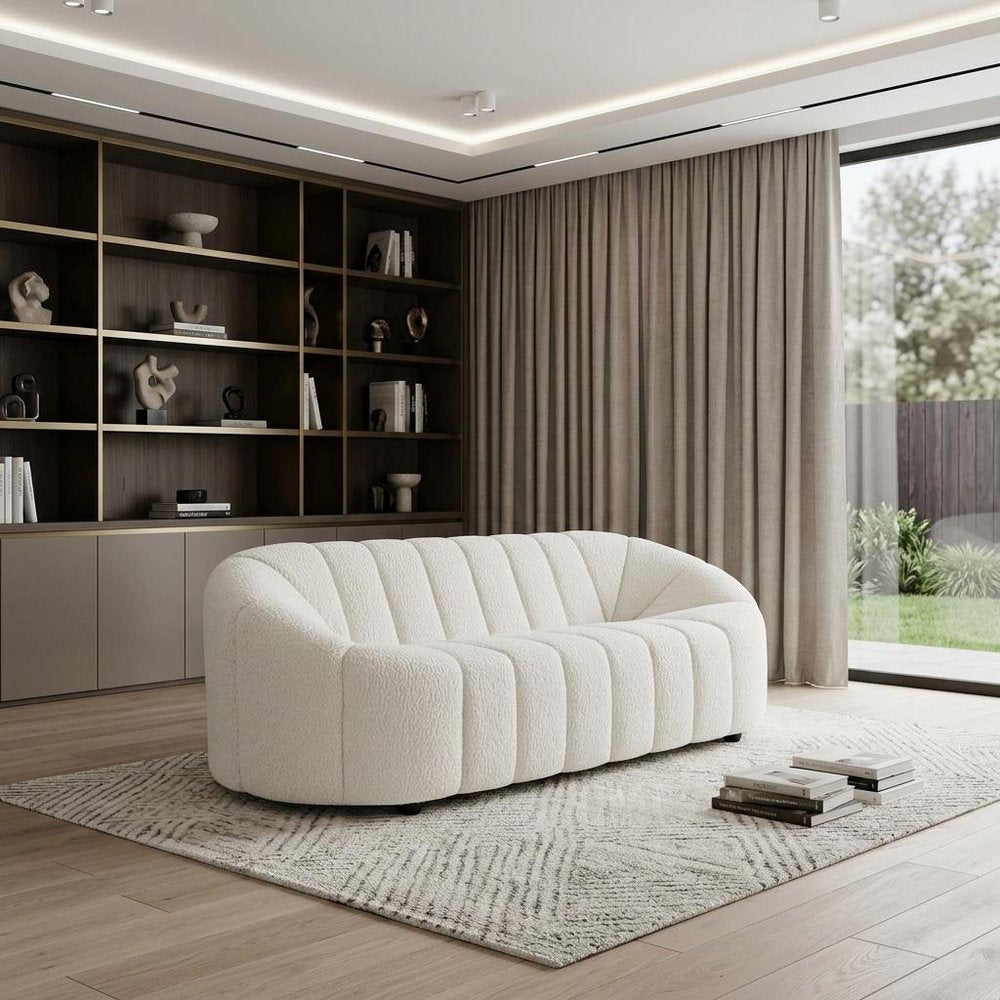 84" White Sherpa Sofa With Black Legs in a home interior