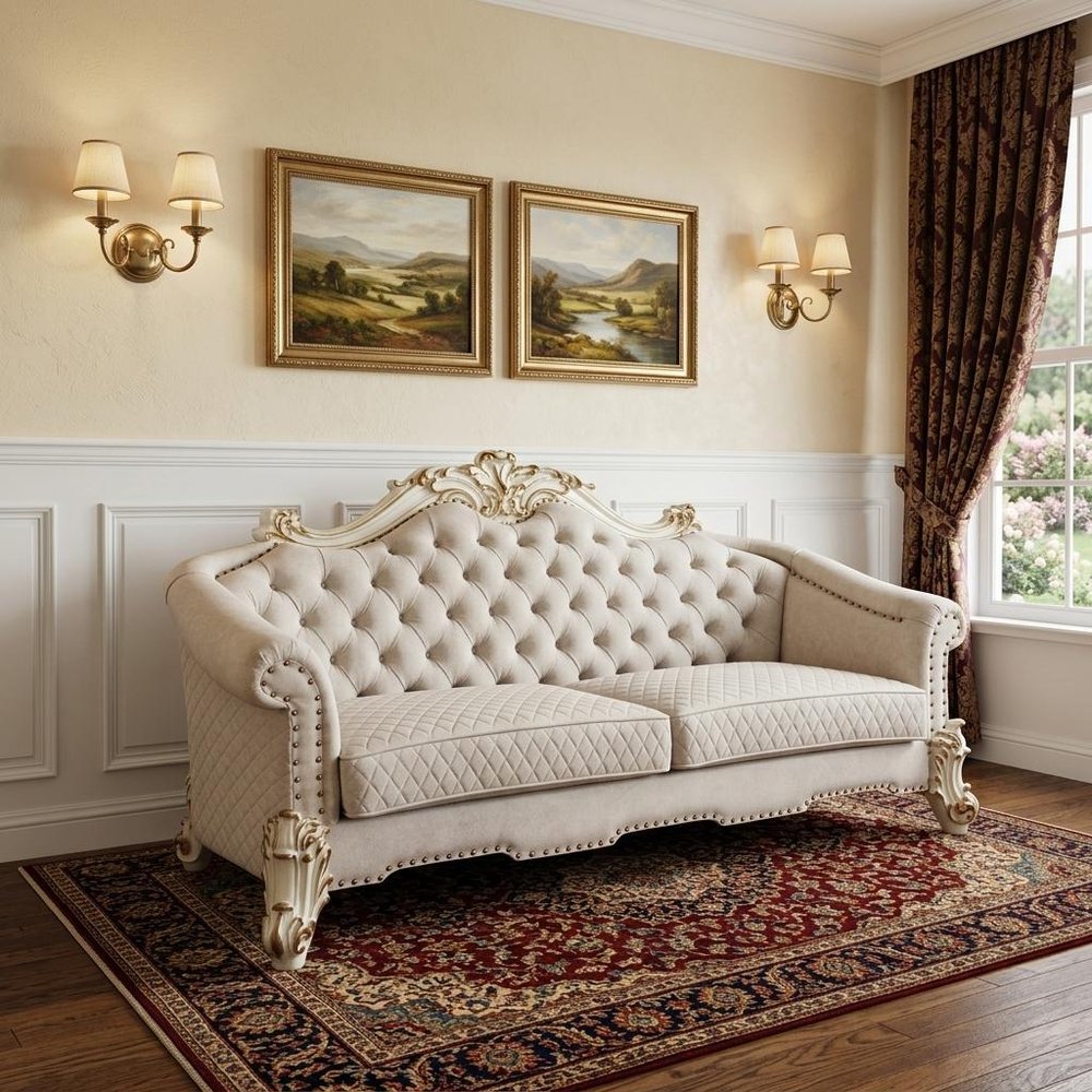 89" Ivory Velvet Sofa And Toss Pillows With Pearl Legs in a home interior