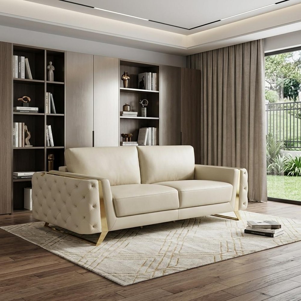 90" Gray Italian Leather Sofa With Silver Legs in a home interior