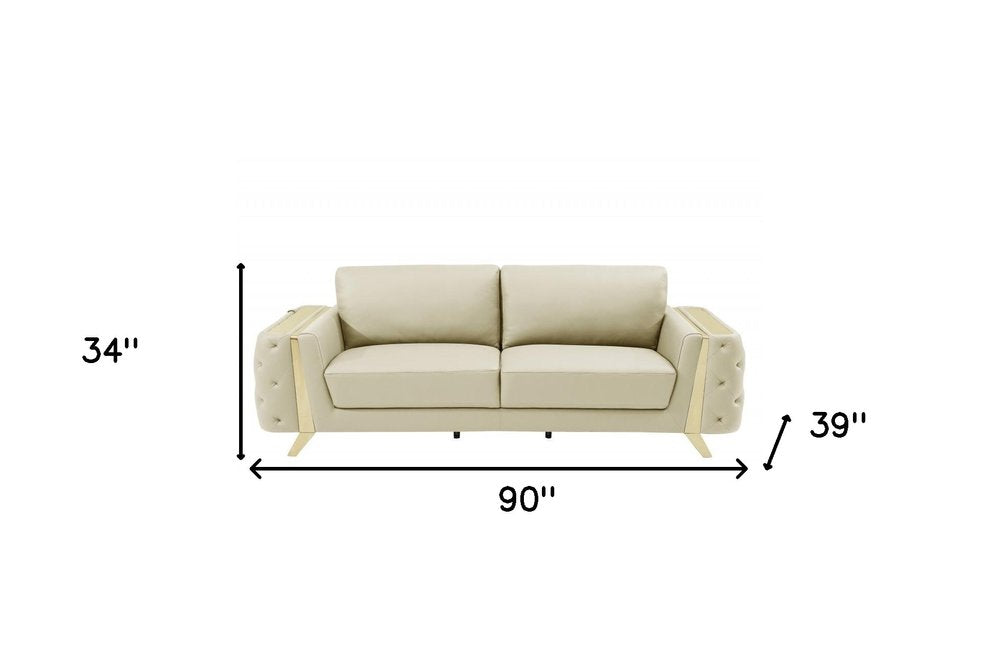 90" Gray Italian Leather Sofa With Silver Legs on a white background