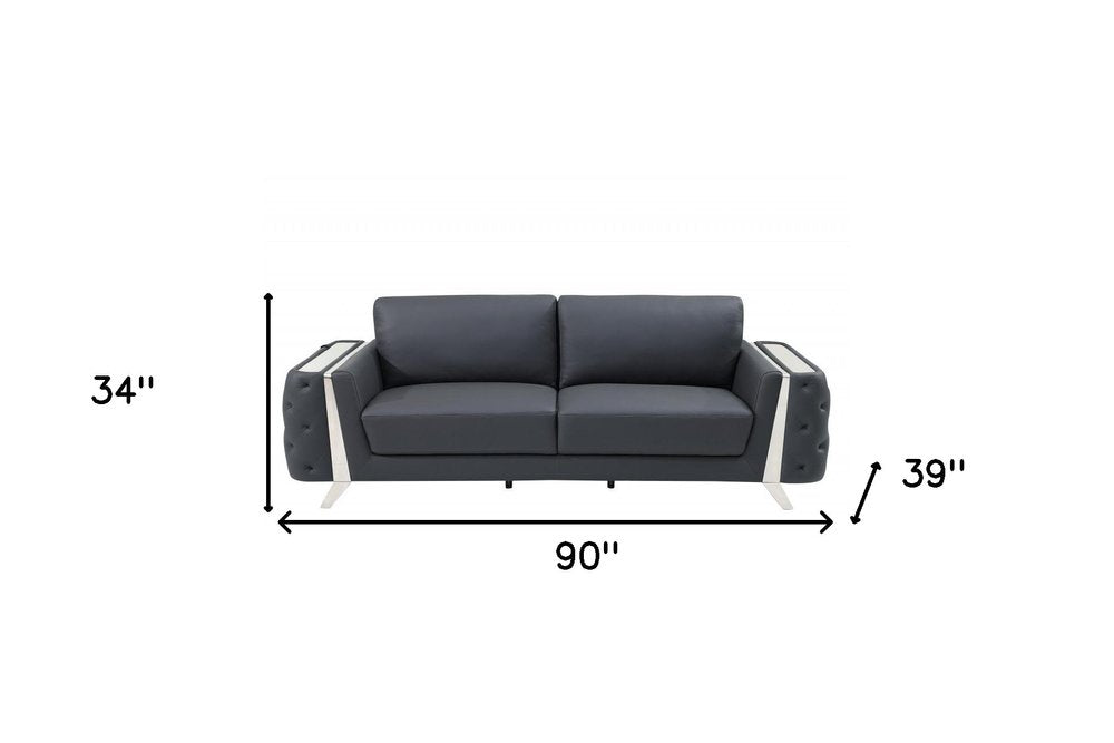 Gray Italian leather sofa with silver legs, 90" W x 34" H x 39" D.