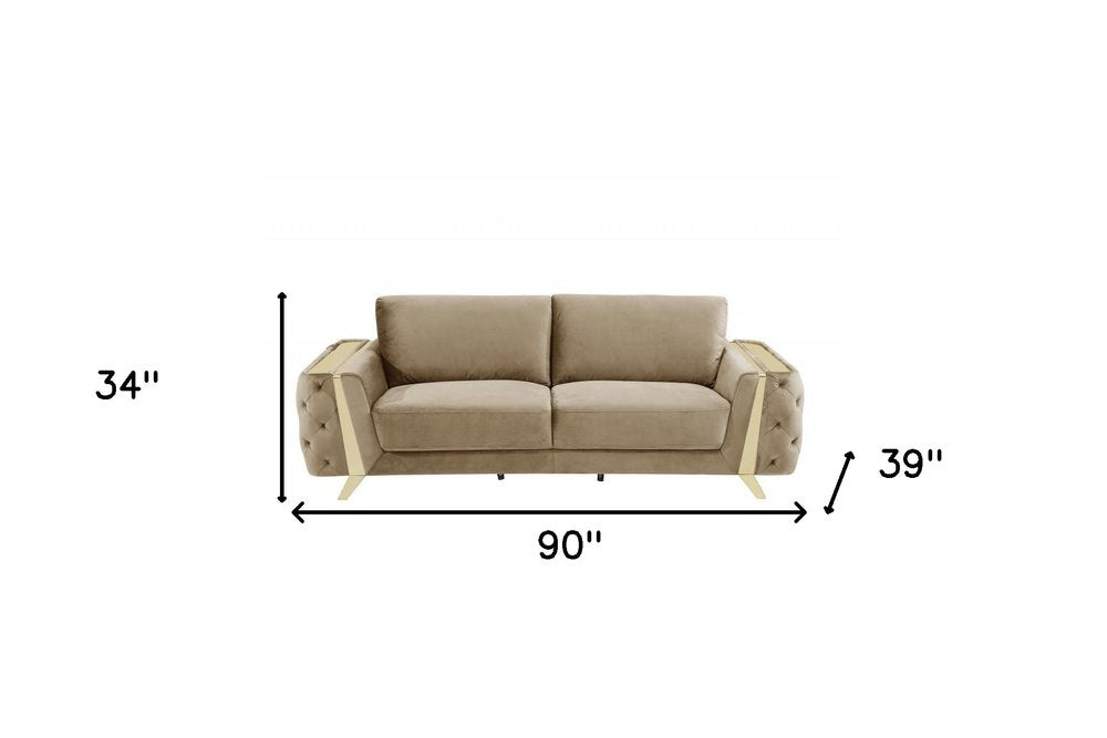 90" Gray Velvet Sofa With Silver Legs on a white background