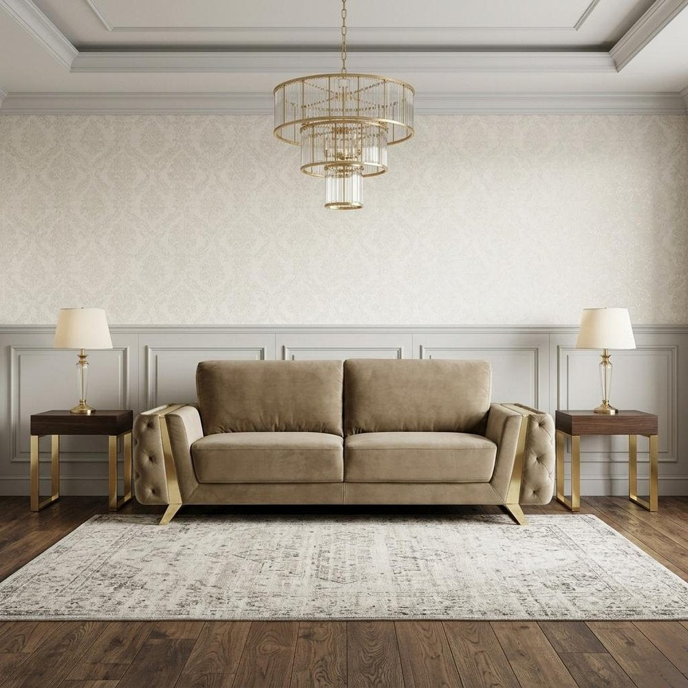 90" Gray Velvet Sofa With Silver Legs in a home interior