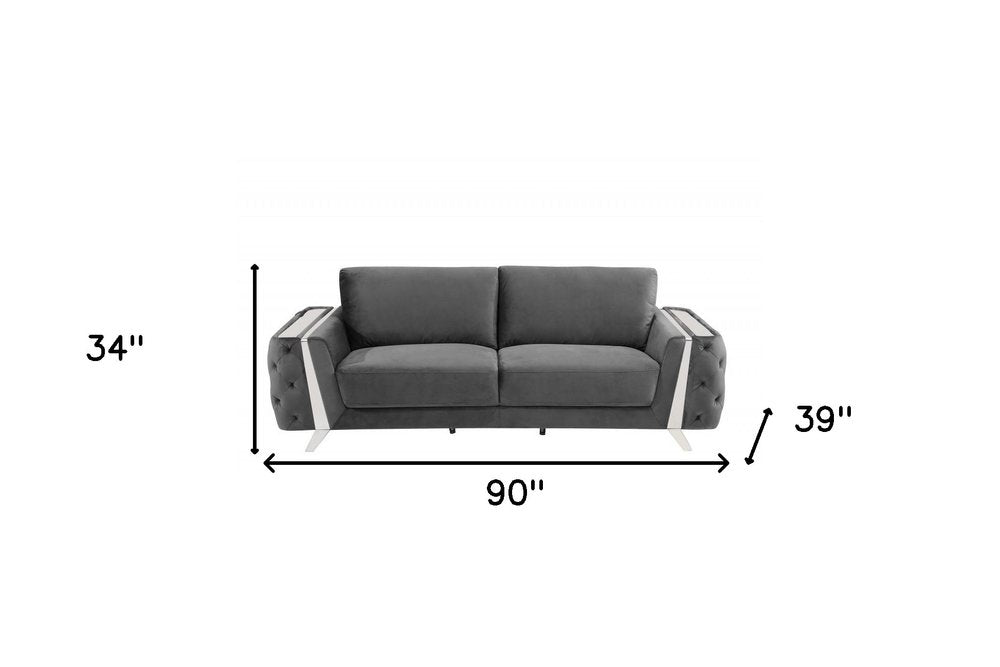 90" Gray Velvet Sofa With Silver Legs on a white background