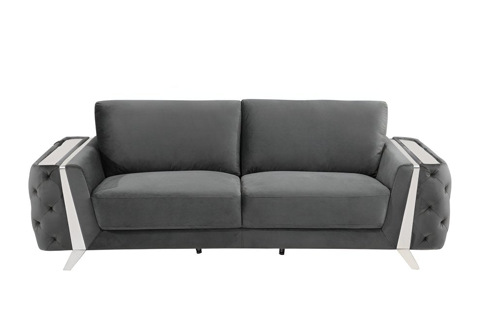 90" Gray Velvet Sofa With Silver Legs on a white background