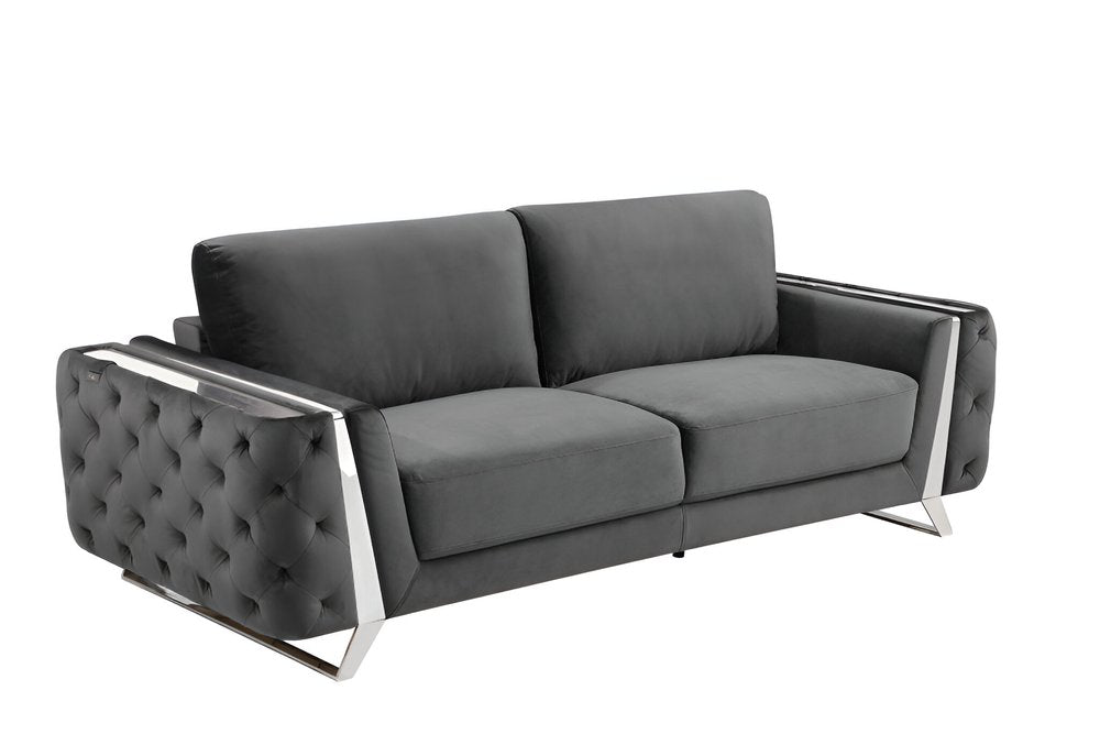 90" Gray Velvet Sofa With Silver Legs on a white background