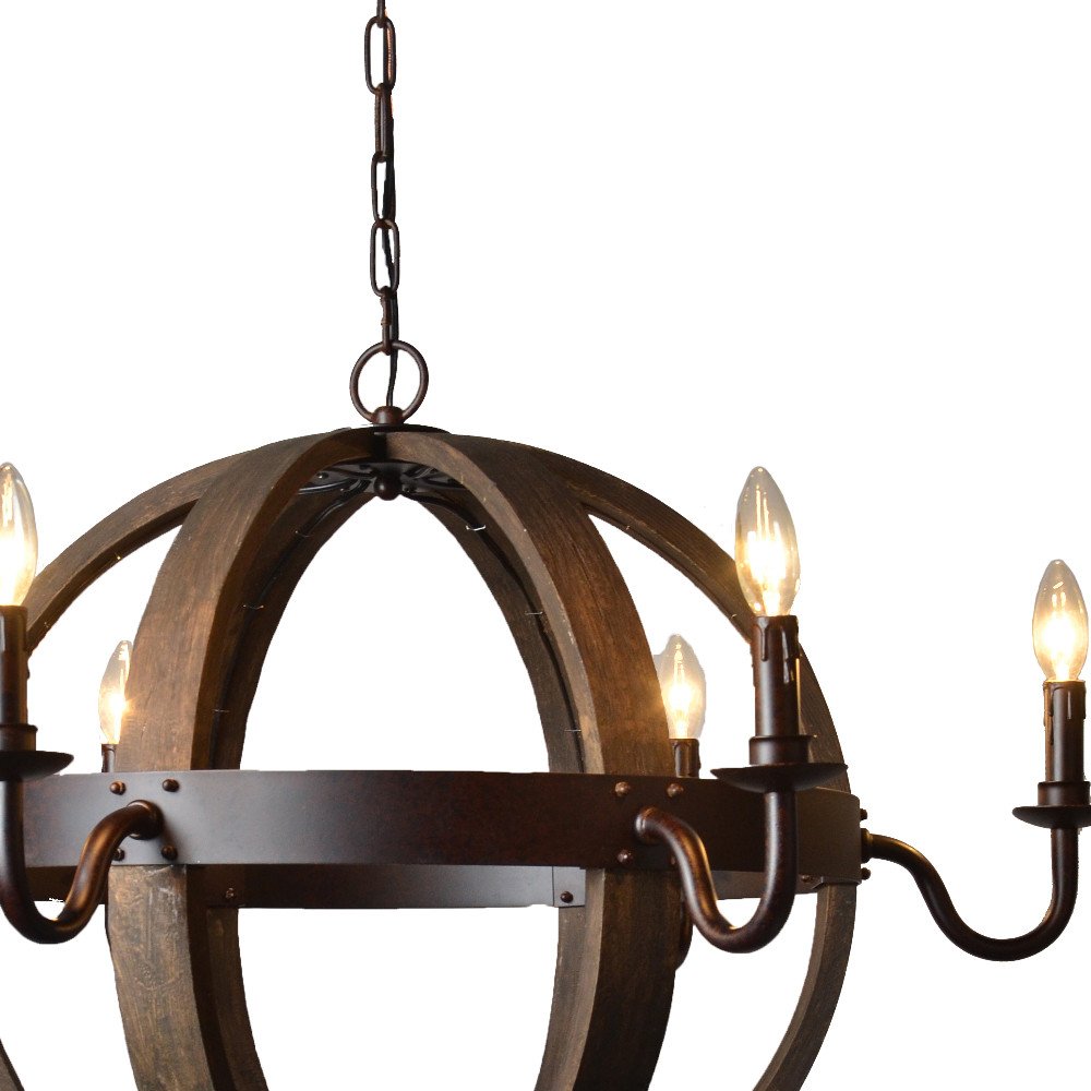 Brown Unique Statement Six Light Metal Chandelier on a white background