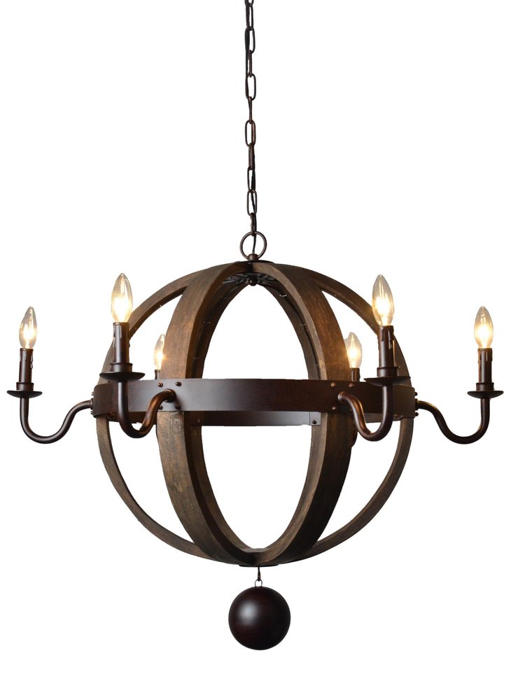 Brown Unique Statement Six Light Metal Chandelier on a white background
