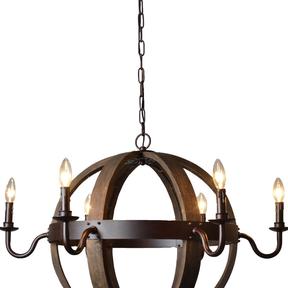 Brown Unique Statement Six Light Metal Chandelier on a white background