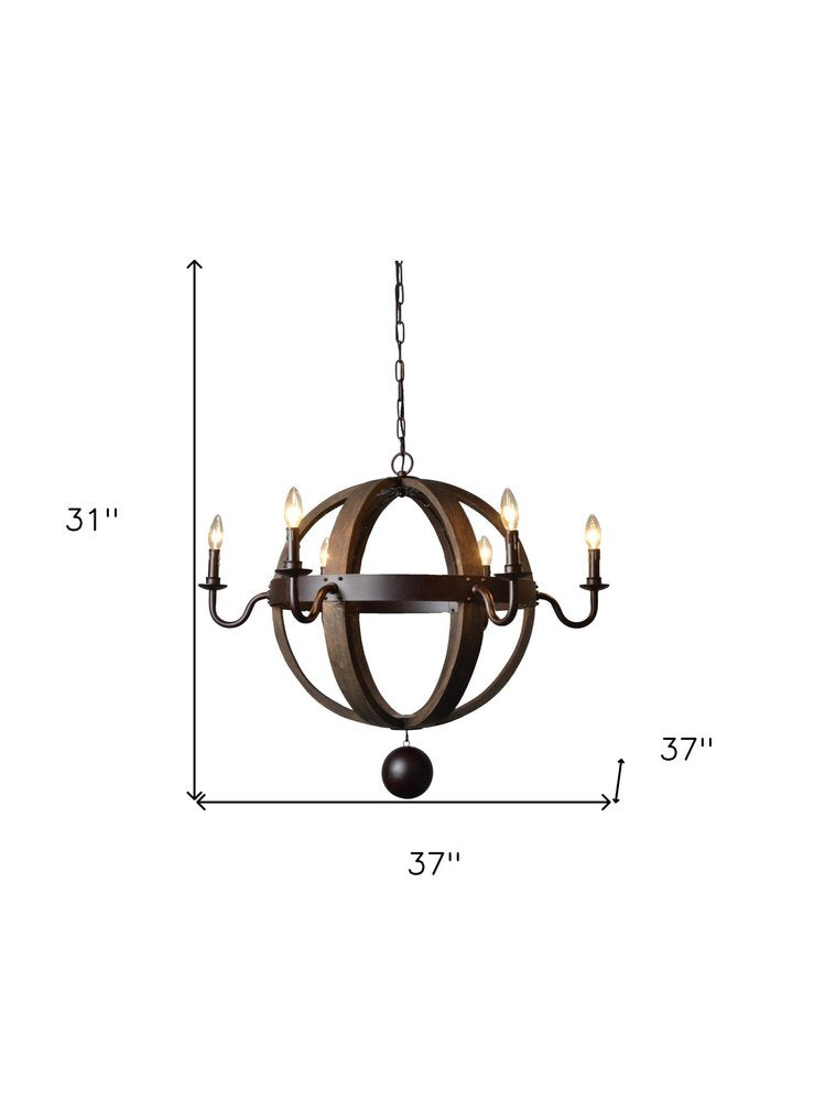 Brown Unique Statement Six Light Metal Chandelier on a white background