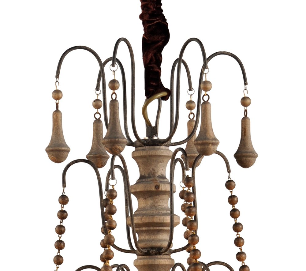 Brown Candle Style Six Light Wood Chandelier on a white background