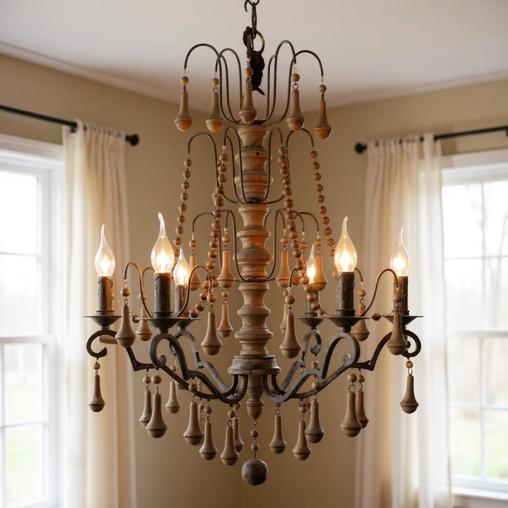 Brown Candle Style Six Light Wood Chandelier close-up detail