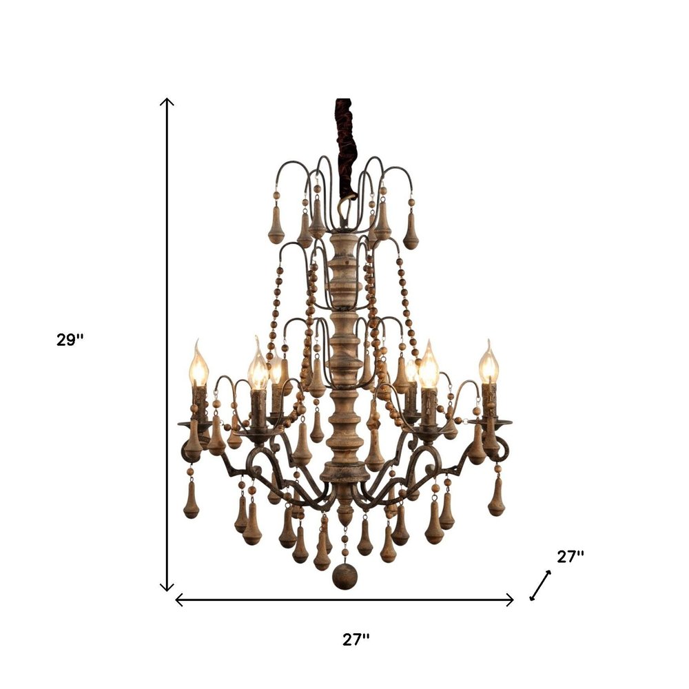 Brown Candle Style Six Light Wood Chandelier on a white background