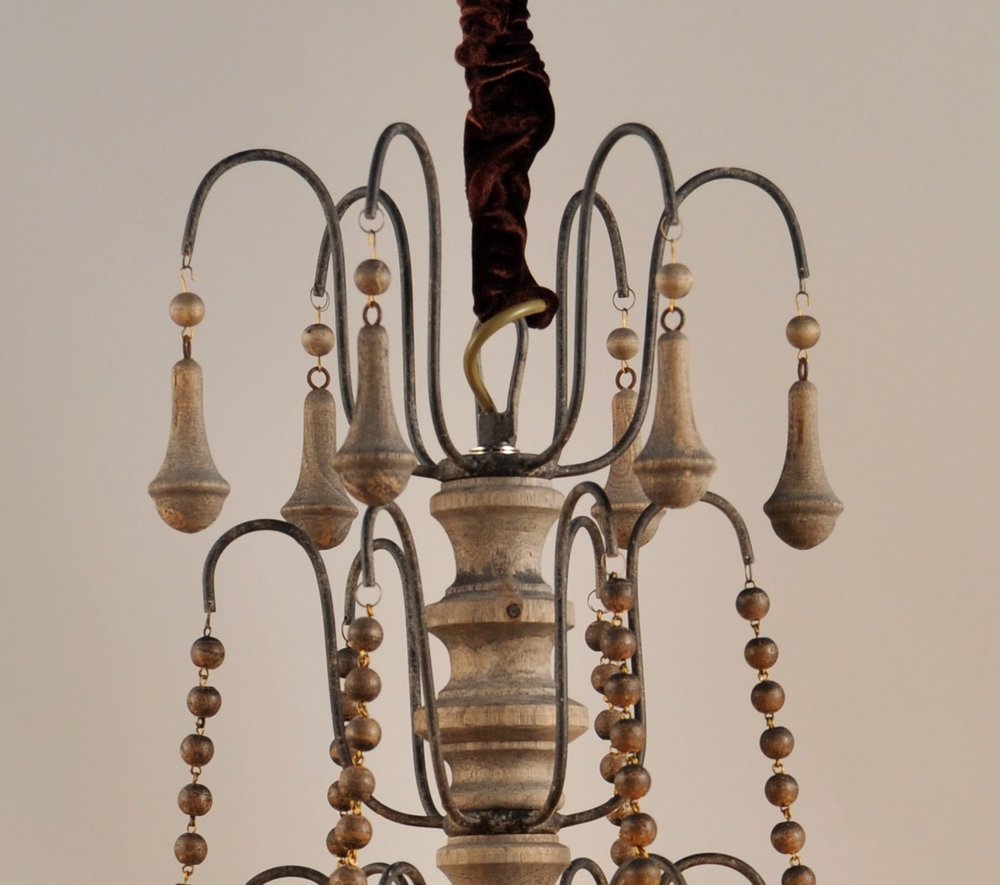 Brown Candle Style Six Light Wood Chandelier close-up detail