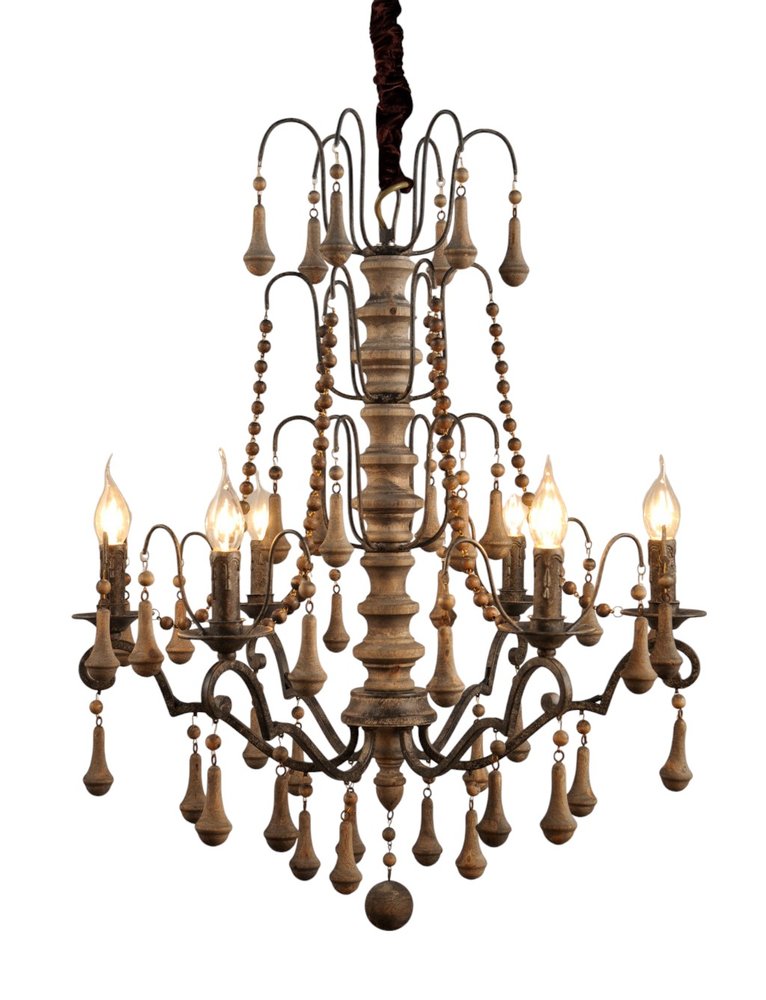 Brown Candle Style Six Light Wood Chandelier on a white background