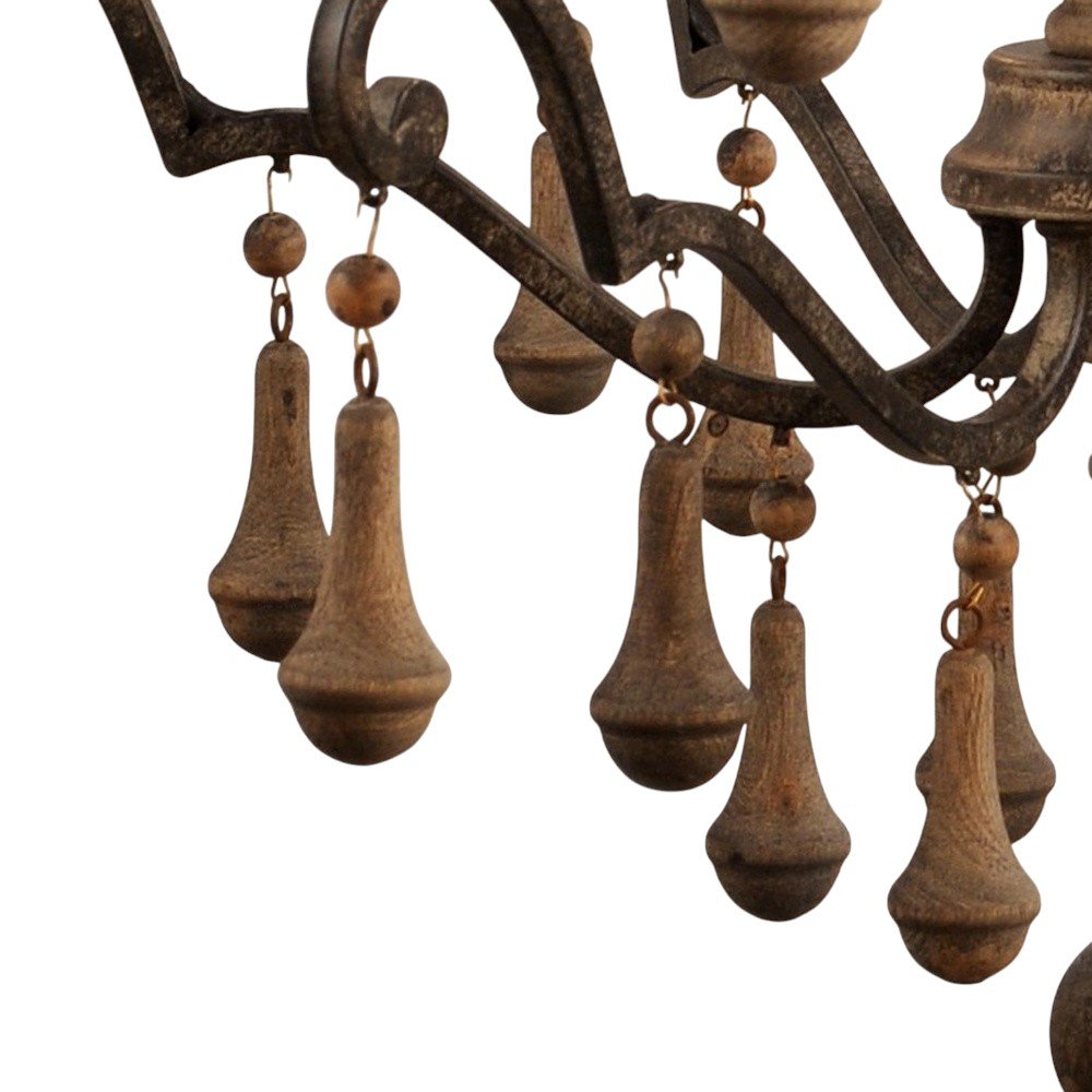 Brown Candle Style Six Light Wood Chandelier on a white background