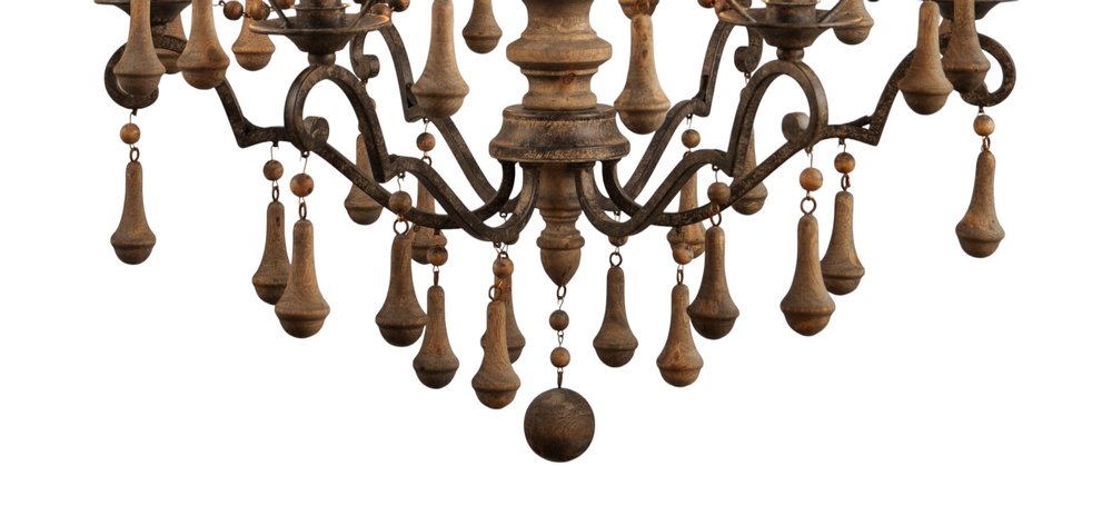 Brown Candle Style Six Light Wood Chandelier on a white background