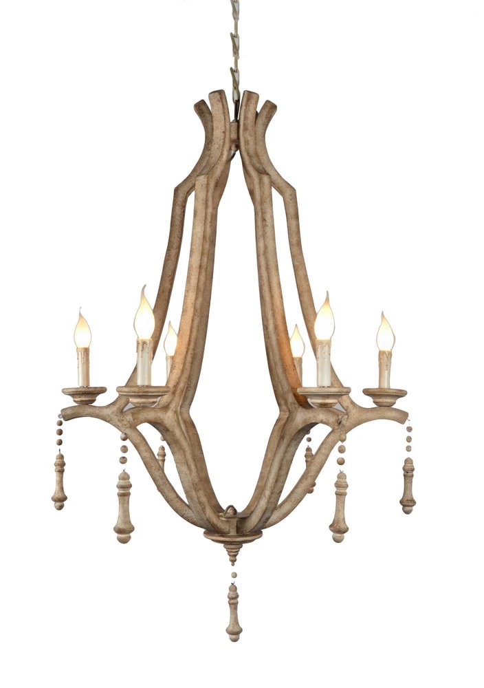 Brown Candle Style Six Light Metal Chandelier on a white background