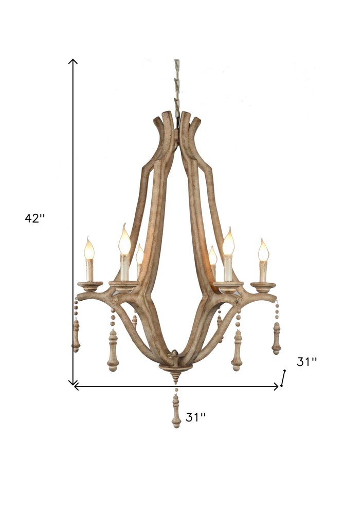 Brown Candle Style Six Light Metal Chandelier on a white background
