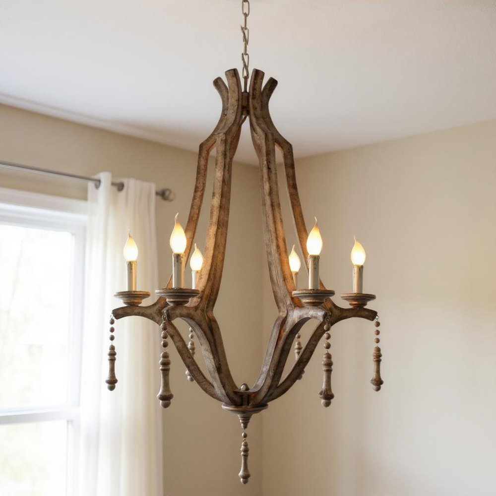 Brown Candle Style Six Light Metal Chandelier close-up detail