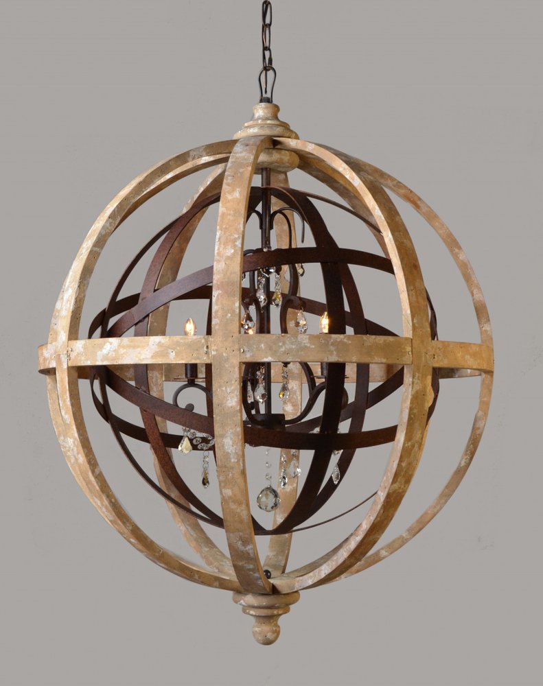 Brown Unique Statement Five Light Wood Chandelier With Brown Shades on a white background