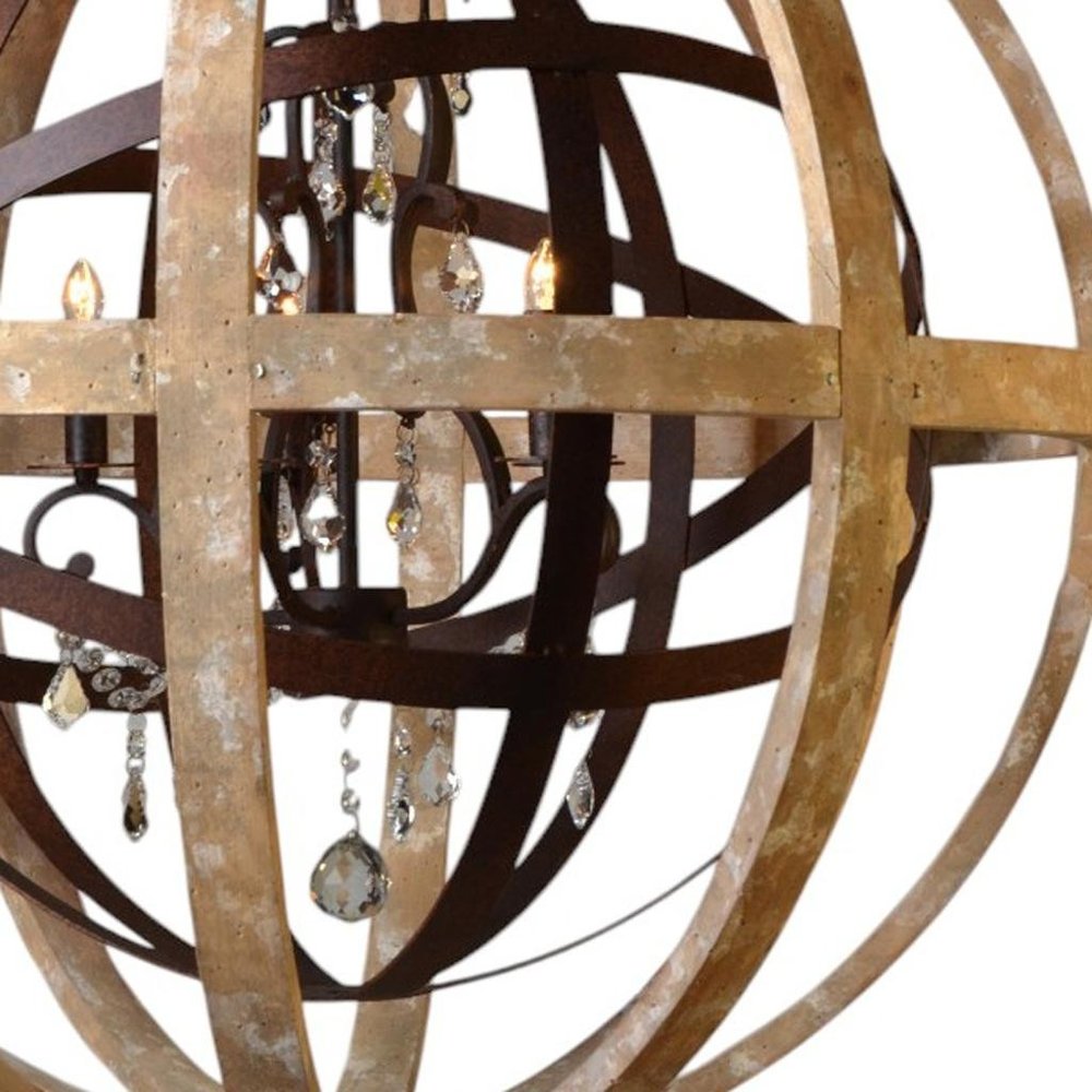Brown Unique Statement Five Light Wood Chandelier With Brown Shades