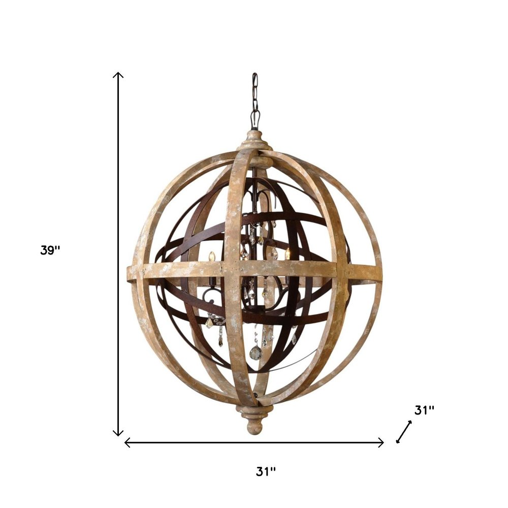 Brown Unique Statement Five Light Wood Chandelier With Brown Shades on a white background