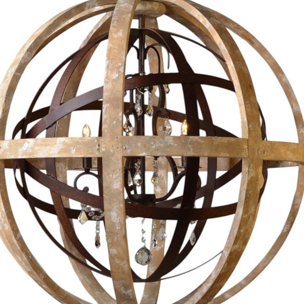 Brown Unique Statement Five Light Wood Chandelier With Brown Shades on a white background