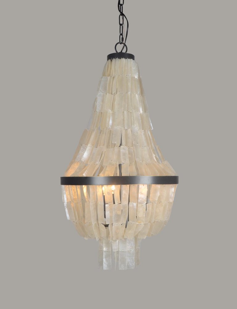 Bronze Unique Statement Three Light Metal Chandelier With White Shades on a white background
