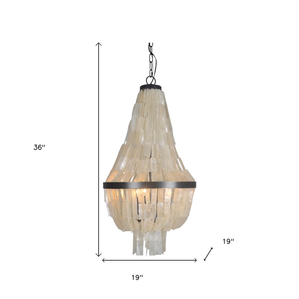 Bronze Unique Statement Three Light Metal Chandelier With White Shades on a white background