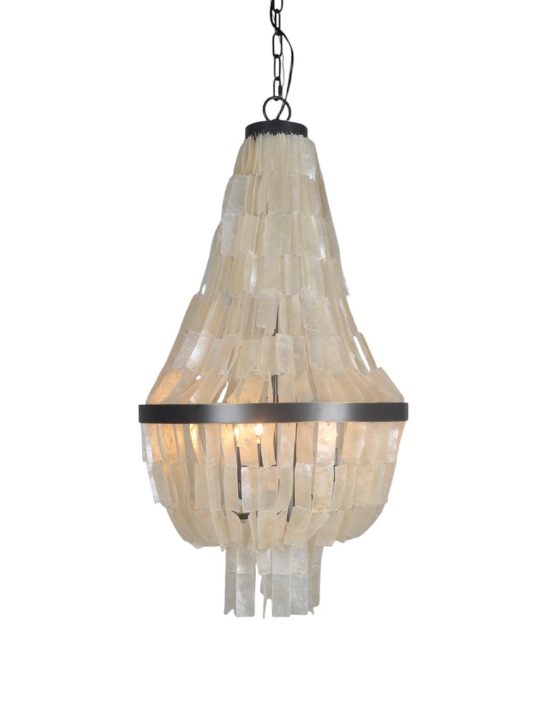 Bronze Unique Statement Three Light Metal Chandelier With White Shades on a white background