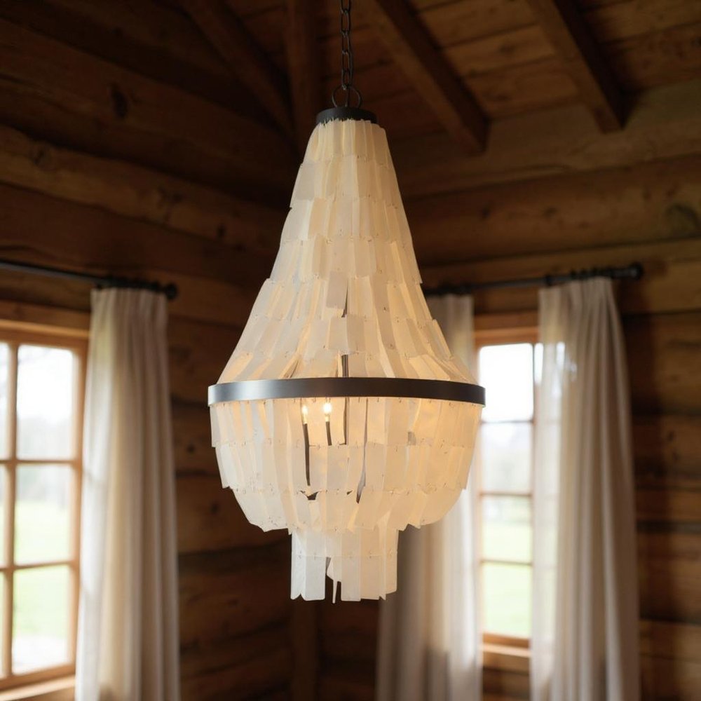 Bronze Unique Statement Three Light Metal Chandelier With White Shades in a home interior