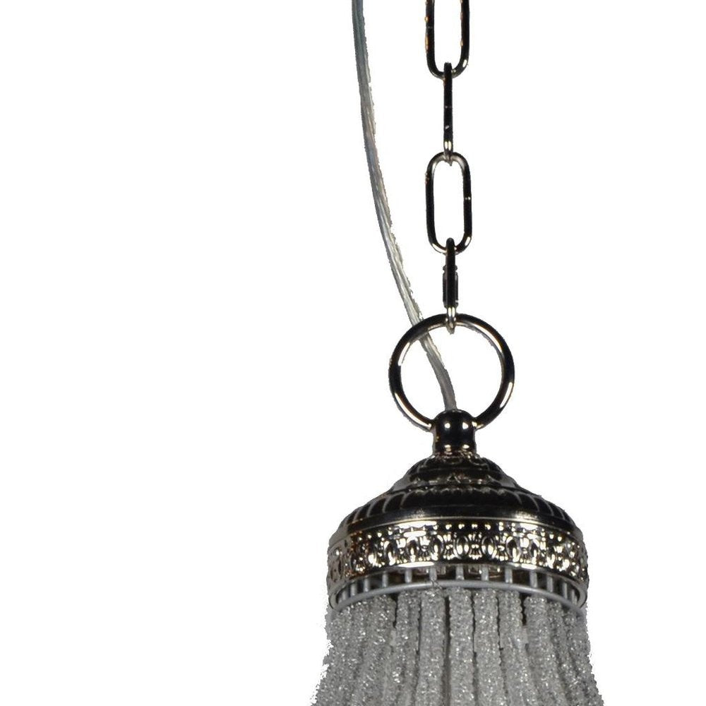 Silver Unique Statement Metal and Crystal Glass Chandelier With Clear Shades on a white background