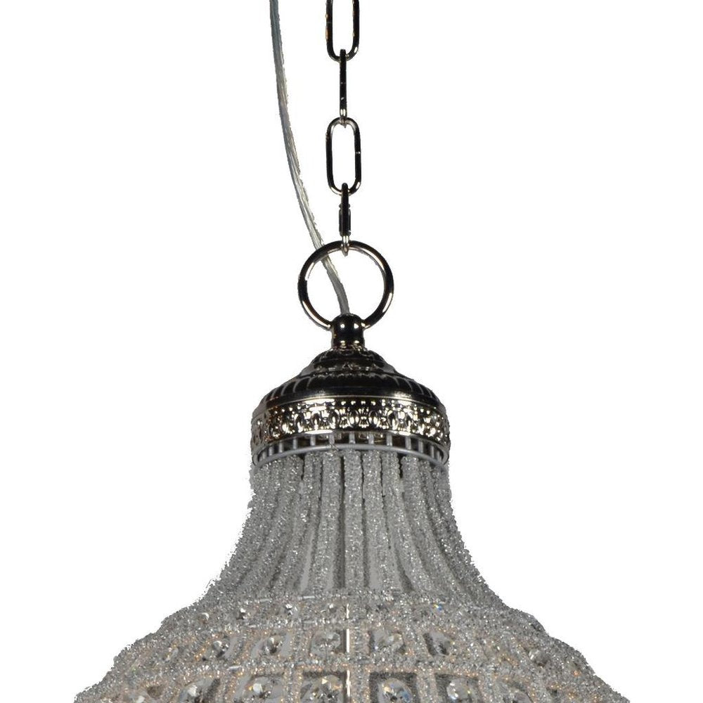 Silver Unique Statement Metal and Crystal Glass Chandelier With Clear Shades on a white background