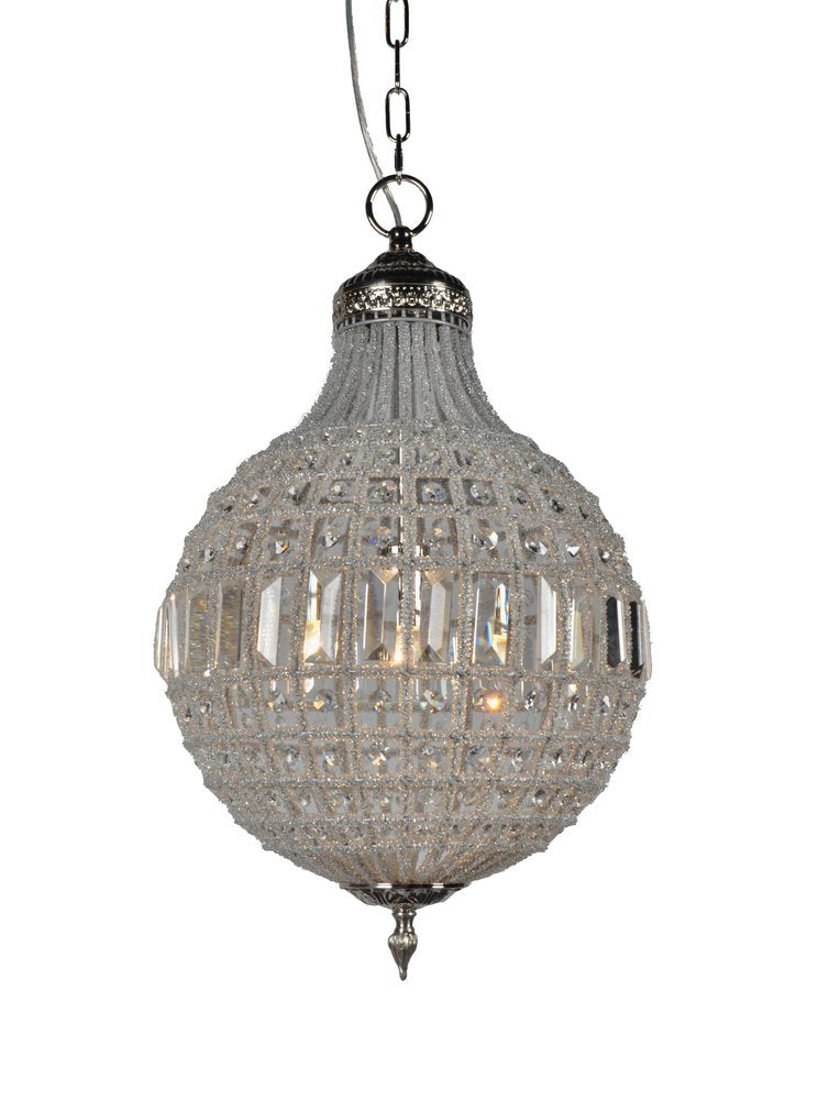 Silver Unique Statement Metal and Crystal Glass Chandelier With Clear Shades on a white background