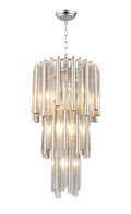 Silver Unique Statement Seven Light Metal and Crystal Glass Chandelier With Clear Shades on a white background