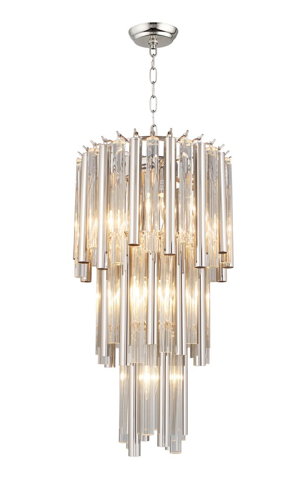Silver Unique Statement Seven Light Metal and Crystal Glass Chandelier With Clear Shades on a white background