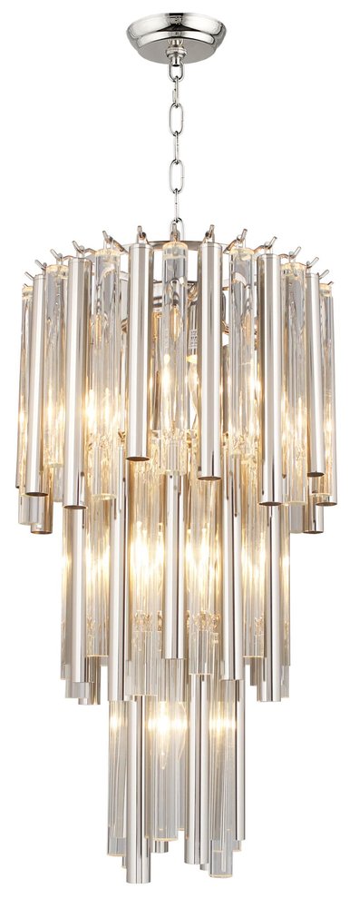 Silver Unique Statement Seven Light Metal and Crystal Glass Chandelier With Clear Shades on a white background