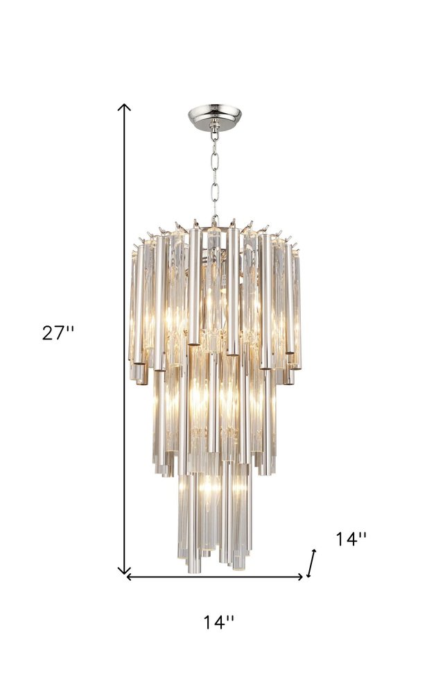 Silver Unique Statement Seven Light Metal and Crystal Glass Chandelier With Clear Shades on a white background