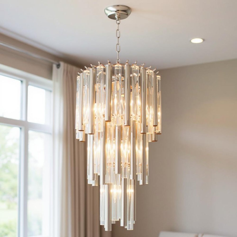 Silver Unique Statement Seven Light Metal and Crystal Glass Chandelier With Clear Shades on a white background