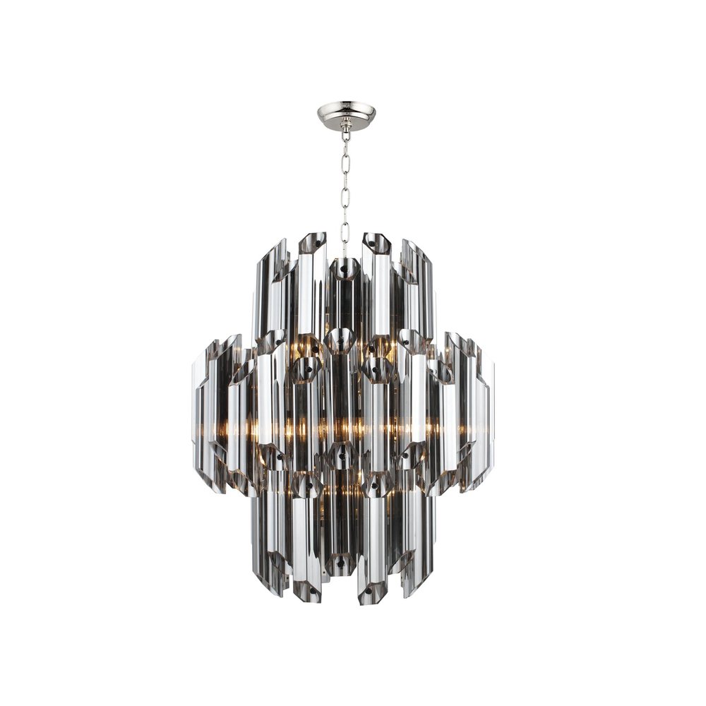 Silver Unique Statement Nine Light Metal and Beveled Glass Chandelier With Silver Shades on a white background