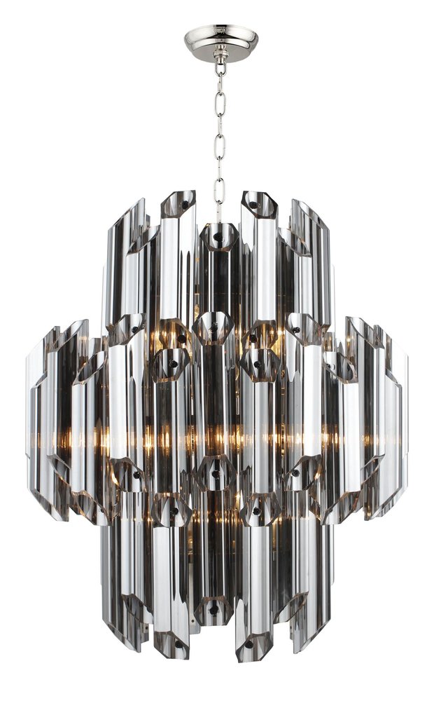 Silver Unique Statement Nine Light Metal and Beveled Glass Chandelier With Silver Shades on a white background