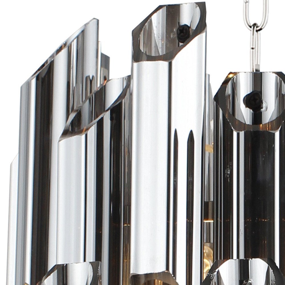 Silver Unique Statement Nine Light Metal and Beveled Glass Chandelier With Silver Shades on a white background