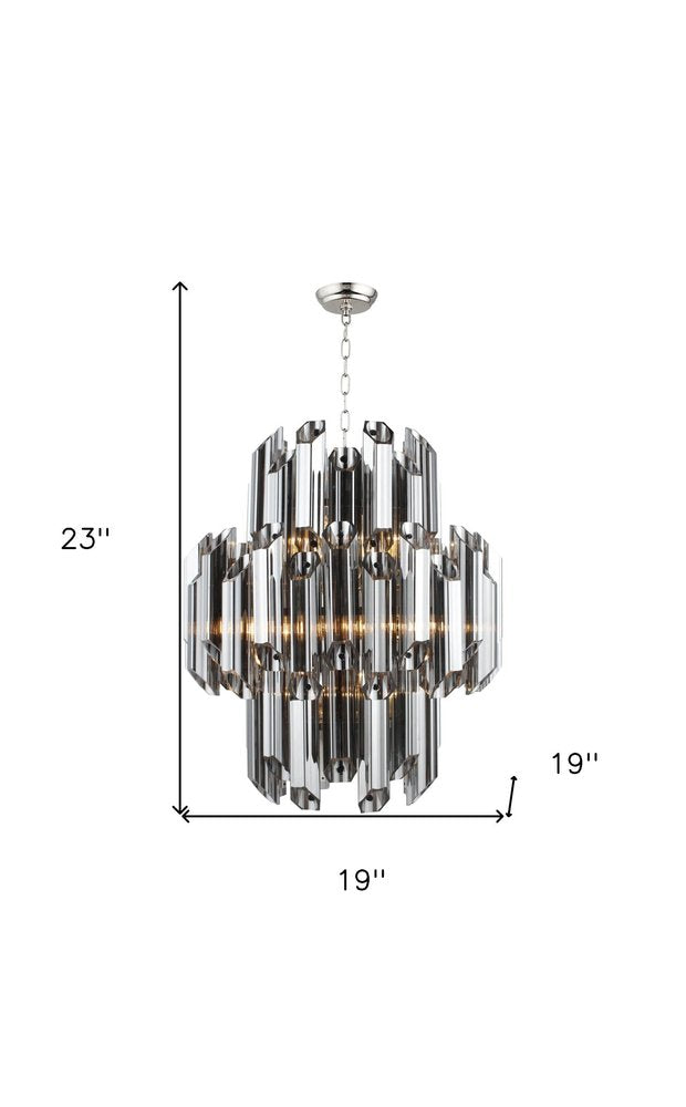 Silver Unique Statement Nine Light Metal and Beveled Glass Chandelier With Silver Shades on a white background
