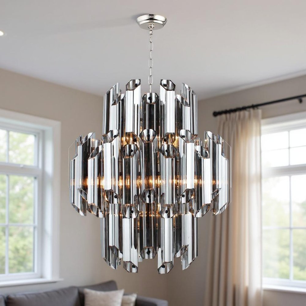 Silver Unique Statement Nine Light Metal and Beveled Glass Chandelier With Silver Shades on a white background