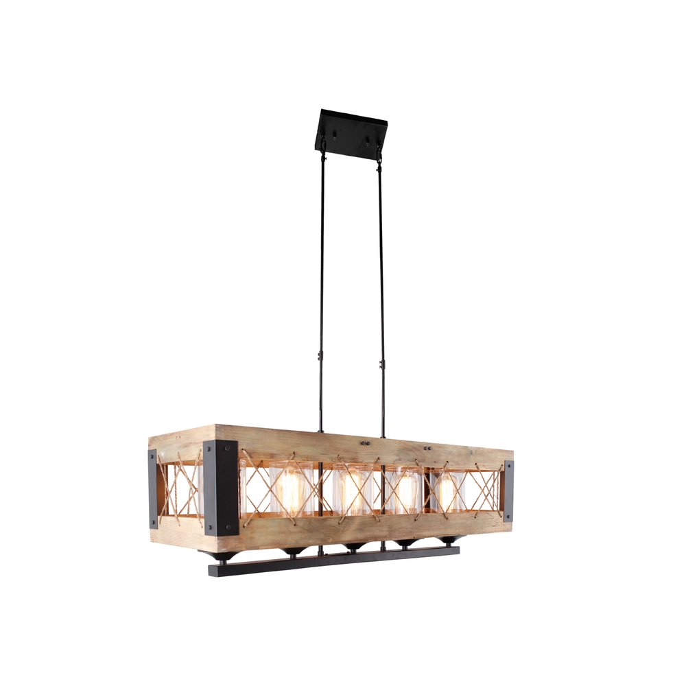 Brown And Black Kitchen Island Five Light Wood and Seeded Glass Chandelier With Brown Shades on a white background